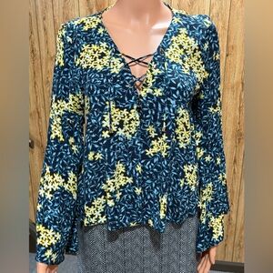 Zara Women's Lace-Up Floral Blouse - Blue and Yellow